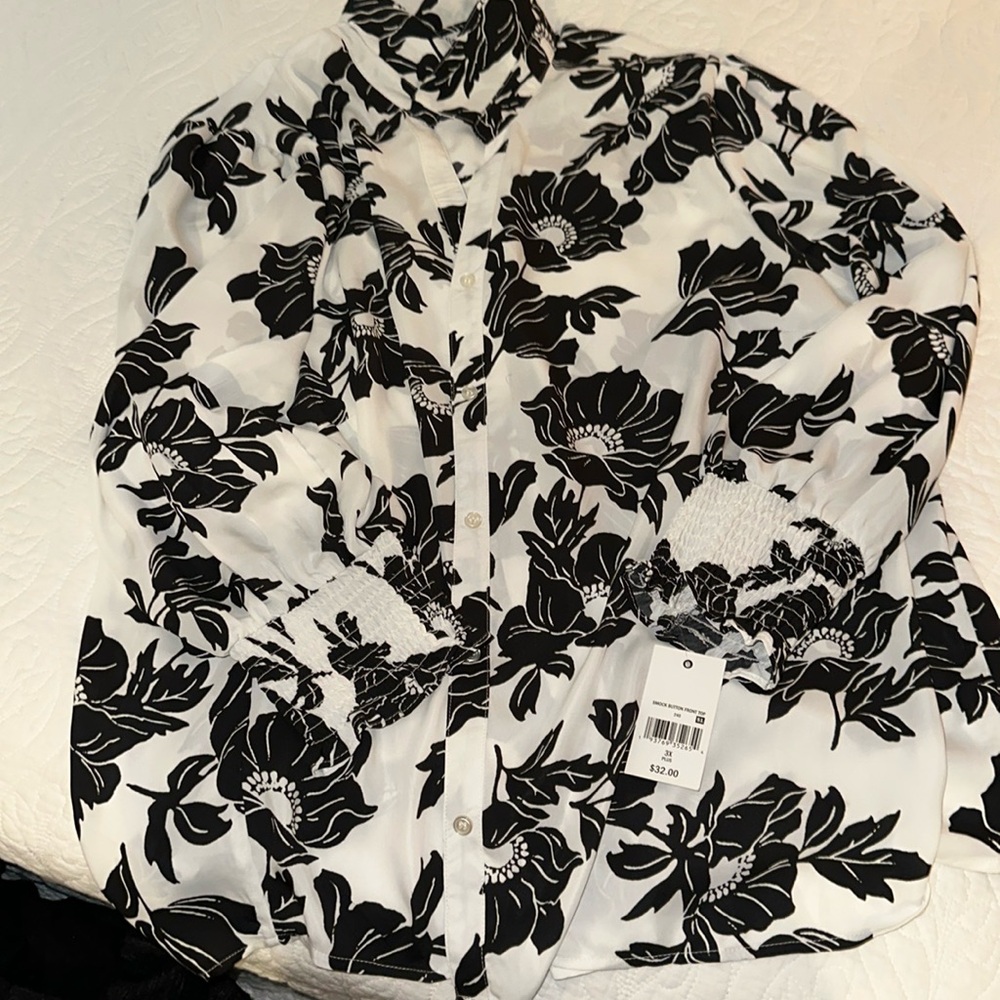new long sleeve white black floral button up